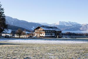 una casa grande en medio de un campo con montañas en Hotel Gasthof Wälderhof, en Lingenau