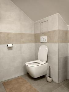 a bathroom with a white toilet in a room at Apartment Felicitas in Kašperské Hory