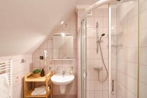 a bathroom with a shower and a sink at Góralskie Domki in Szczawnica +66 photos