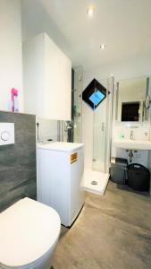 ein weißes Bad mit einem WC und einem Waschbecken in der Unterkunft Michels Apartment in Titisee-Neustadt