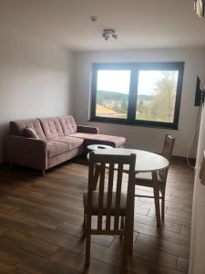 a living room with a couch and a table at Apartament Modrzewiowa przy S3 in Zielona Góra