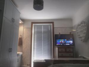 a bedroom with a television and a window with a blind at Tranquillity in Southbourne