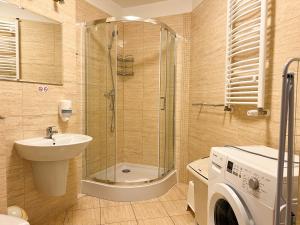 W łazience znajduje się prysznic, umywalka i pralka. w obiekcie Rosa Weneda by Baltic Home w Świnoujściu