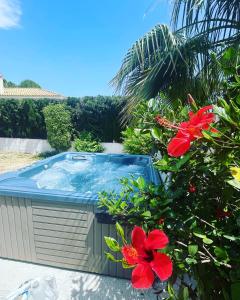 una bañera de hidromasaje en un jardín con flores rojas en Villa la Vida, en Alfaz del Pi