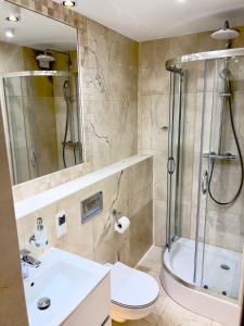 a bathroom with a shower and a toilet and a sink at North Nest Luxury Suites in Gdańsk