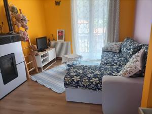 ein Wohnzimmer mit einem Sofa und einem TV in der Unterkunft Appartamento vista panoramica Bussoleno in Bussoleno