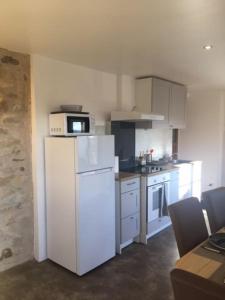 a kitchen with a white refrigerator and a microwave at Joli appartement Les Archers in Montpeyroux