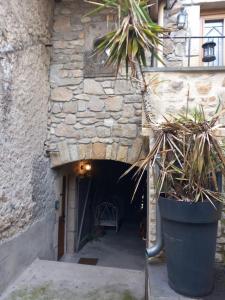 an entrance to a stone building with two potted plants at Joli appartement Les Archers in Montpeyroux