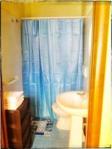 baño con aseo y cortina de ducha azul en La Piazzetta, en Nardò