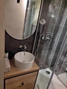 a bathroom with a sink and a shower with a mirror at Sibinicum luxury rooms in Šibenik