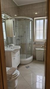 ein Bad mit einer Dusche, einem WC und einem Waschbecken in der Unterkunft Apartmani Barnjak in Trogir