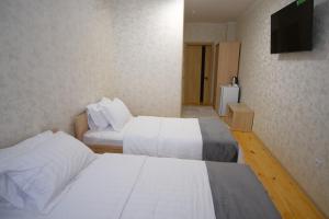 um quarto de hotel com duas camas e uma televisão em Xabib&son's hotel em Bukhara