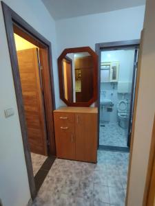 Apartment in Budva في بودفا: حمام به مرآة وخزانة خشبية مع حوض