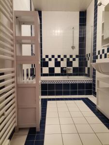 a bathroom with black and white tiles and a shower at Ferienwohnungen Pesenbachtal in Herzogsdorf