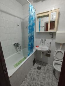 Apartment in Budva في بودفا: حمام مع حوض ومغسلة ومرحاض