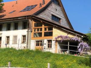 uma casa com um telhado no topo de uma colina em Sérénité et nature dans une ferme équestre em Massonnens