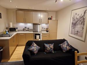 伯明罕的住宿－Birmingham Ruby 2-bedroom Apartment City Centre，带沙发的客厅和厨房