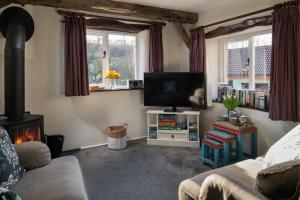 a living room with a tv and a fireplace at Rosefinch Cottage in Ilfracombe
