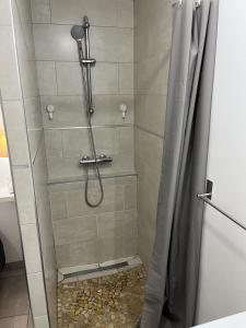 a shower with a glass door with a shower curtain at Maureillas - appartement 2 personnes - classé in Maureillas