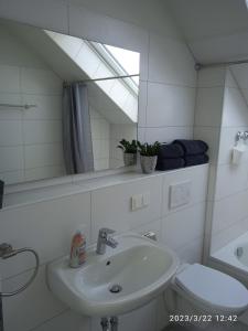 a bathroom with a sink and a mirror and a toilet at Zimmer Frei 3 in Wiesbaden