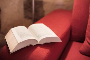 un livre ouvert assis sur un canapé rouge dans l'établissement Casa Rural Andresito, à Pájara
