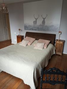 a bedroom with a bed with two pillows on it at Chambres et table L' échappée in Bouvesse-Quirieu +75 photos