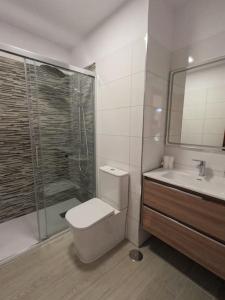 La salle de bains est pourvue de toilettes, d'un lavabo et d'une douche. dans l'établissement Beautiful Sunset Apartment, à Puerto de Santiago