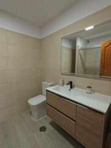 La salle de bains est pourvue de toilettes, d'un lavabo et d'un miroir. dans l'établissement Beautiful Sunset Apartment, à Puerto de Santiago