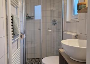 een badkamer met een wastafel, een toilet en een douche bij Lodge Koolmees Nunspeet Veluwe in Nunspeet