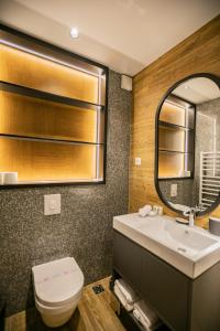 a bathroom with a toilet and a sink and a mirror at MM Central luxury in Kolašin