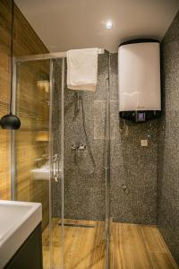 a shower in a bathroom with a glass shower stall at MM Central luxury in Kolašin