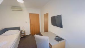 a hotel room with a bed and a desk and a tv at Hotel PAYER in Teplice