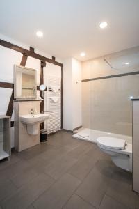 ein Bad mit einem WC, einem Waschbecken und einer Dusche in der Unterkunft Hotel- Weingut- Moselloreley in Piesport