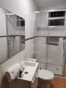 y baño con ducha, aseo y lavamanos. en Amplio apartamento con 2 baños en Logroño