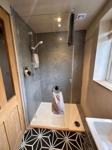 a small bathroom with a shower and a sink at Sea View Nook in Porthtowan