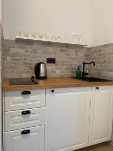 a kitchen with white cabinets and a counter top at Apartments Mirko in Seget Vranjica
