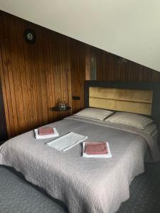 um quarto com uma cama com duas almofadas em Rikabar Restaurant & nature em Bila Tserkva