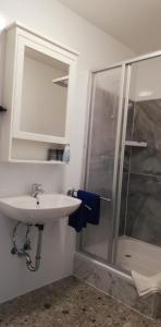 a bathroom with a sink and a shower at Pension Lilli in Norddeich