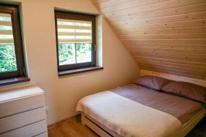 a small bedroom with a bed and two windows at Domek w Klisiówkach in Ujsoły