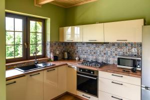 a kitchen with white appliances and green walls at Domek w Klisiówkach in Ujsoły