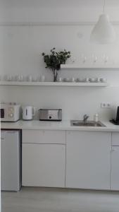 een witte keuken met witte kasten en een wastafel bij Eliza Apartman Veszprém in Veszprém