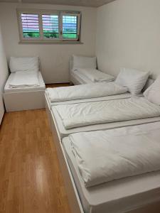 um quarto com três camas e uma janela em HoStel Self Check-In Solothurn em Zuchwil