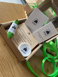 a box with a pair of scissors and green ribbon at TRZY SOSNY LOFT APARTMENTS in Ściegny
