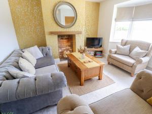 a living room with two couches and a fireplace at Rose Dene in Brough