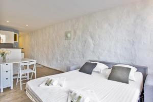 Il comprend une chambre avec un grand lit et une cuisine. dans l'établissement Flat with typical charm and terrace - Bayonne - Welkeys, à Bayonne