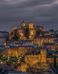 a view of a city at night with a castle at Apartamento Baluarte de los Pozos in Cáceres