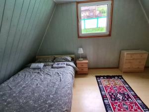 a bedroom with a bed and a window and a rug at Green House with Lake View in Perućac