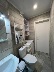 uma casa de banho com um WC branco e um lavatório. em Downtown Accommodation em Chisinau