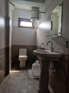 een badkamer met een wastafel, een toilet en een raam bij Vamoose Mountain Mist in Tawang