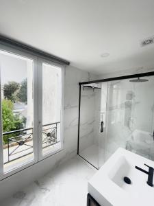 a bathroom with a shower and a sink and a window at Les Appartements de l'Orangerie in Versailles